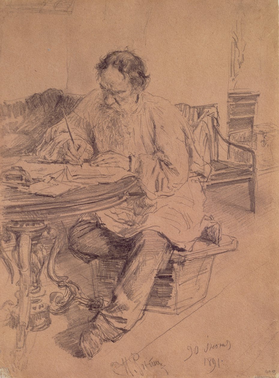 Lev Nikolaevich Tolstoy (1828-1910) no trabalho, 1891 de Ilya Efimovich Repin