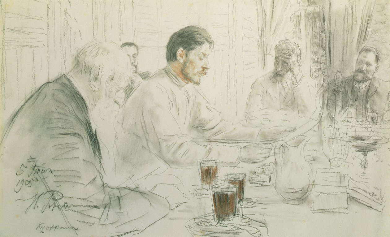 Maxim Gorky (1868-1936) Lendo seu poema, "Filhos do Sol", 1905 (lápis e giz sobre papel) de Ilya Efimovich Repin