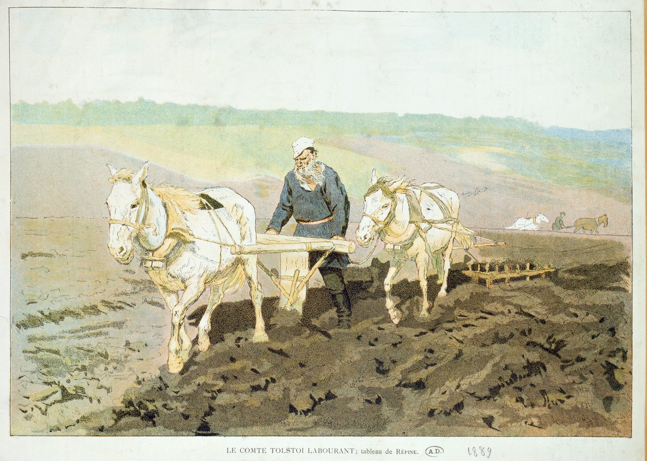 O escritor Lev Nikolaevich Tolstoy (1828-1910) arando com cavalos, 1889 de Ilya Efimovich Repin