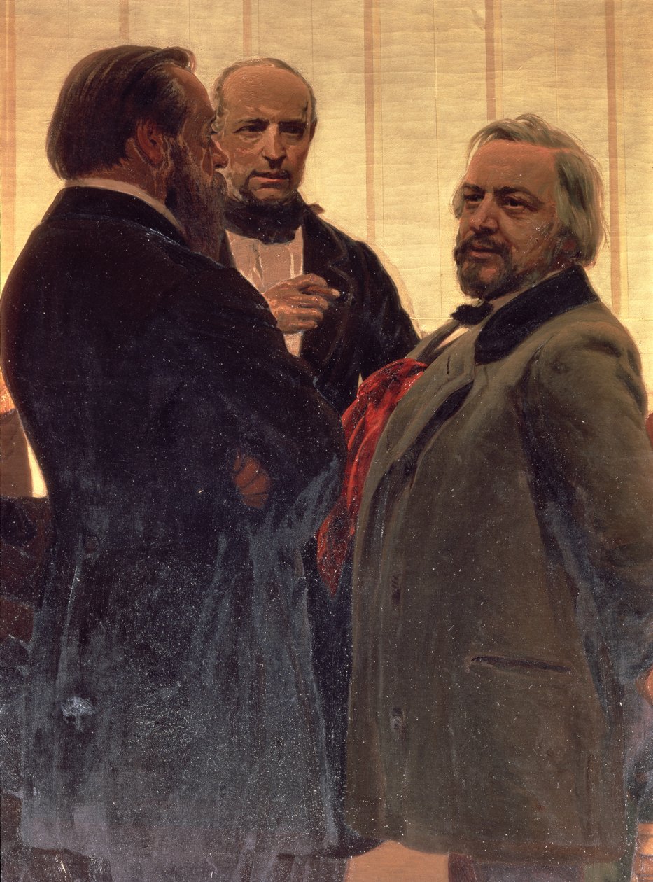 Vladimir Odoevsky (1803-69), Mily Balakirev (1837-1910) e Mikhail Ivanovich Glinka (1804-57), 1890 (detalhe) de Ilya Efimovich Repin