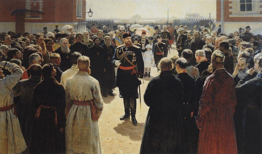 Aleksander III que recebe anciãos rurais do distrito na jarda do palácio de Petrovsky em Moscovo. de Ilya Efimovich Repin