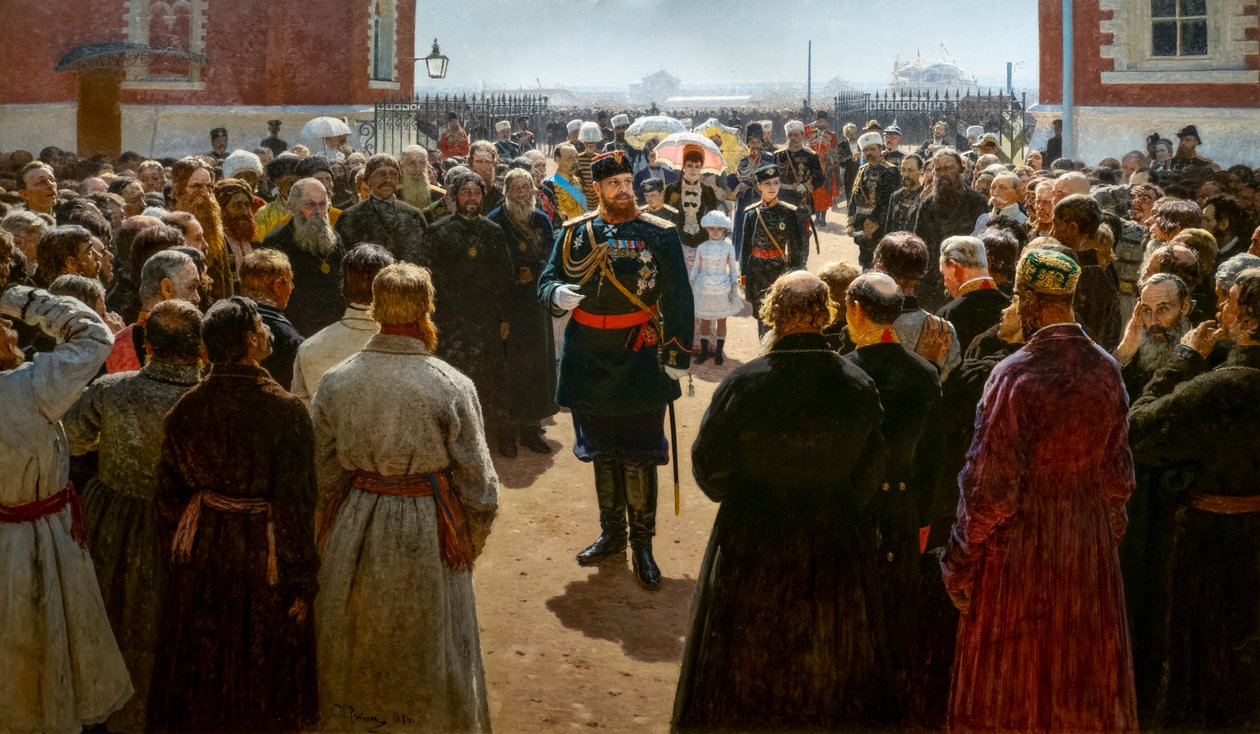 ALEXANDRE III RECEBENDO OS DECANOS DOS CANTÕES NO PÁTIO DO PALÁCIO de Ilya Efimovich Repin