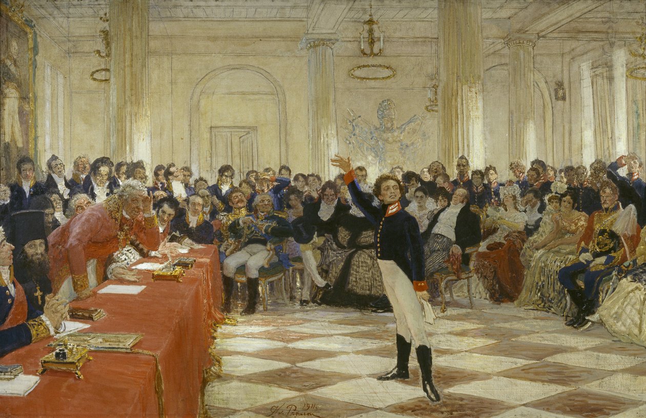 "Alexander Pushkin num exame no Liceu de Tsarskoye Selo em 8 de Janeiro de Ilya Efimovich Repin