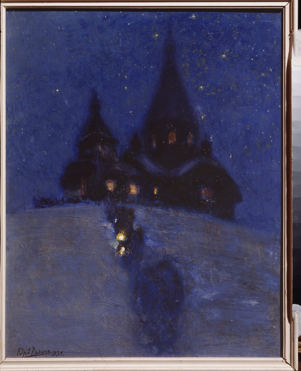 Igreja em Kuokkala (ou Repino, Rússia) na noite de Natal. Pintura por Yuri Ilyich Repin (Yuri Repine) (1877-1954), óleo sobre madeira, cerca de 1910. Arte russa, século XX. I. Repin Memorial Museum Penates, São Petersburgo. de Ilya Efimovich Repin