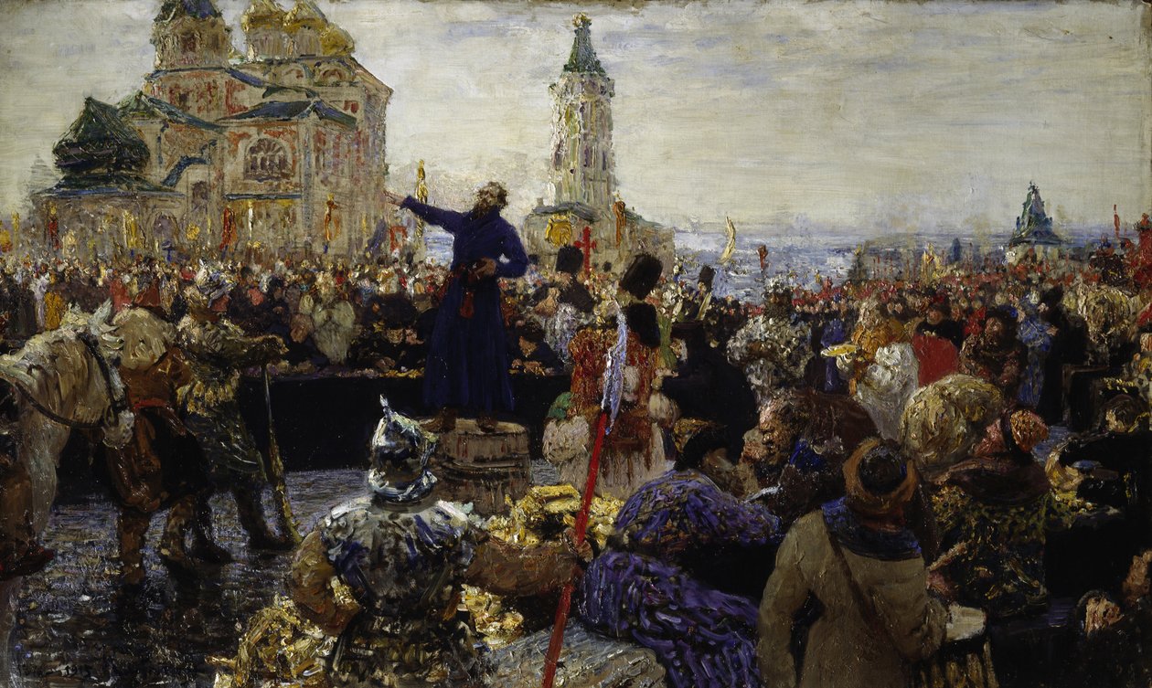 Kuzma (Kuzma) Minin (morto em 1616) apela ao povo de Nizhny Novgorod em 1611 (Ele aumentou a população de Moscovo contra os polacos) - Pintura por Ilya Yefimovich Repin (1844-1930), óleo sobre tela de Ilya Efimovich Repin