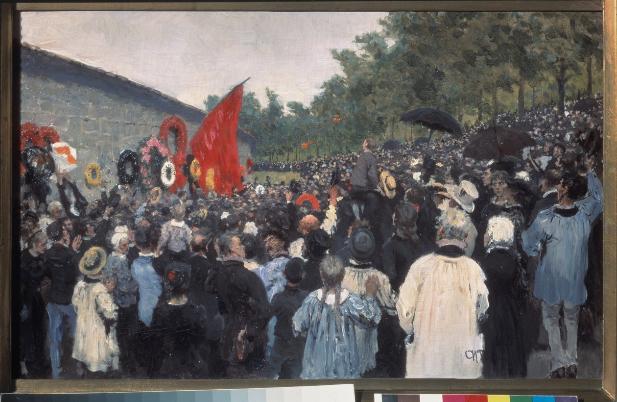 O encontro anual no cemitério Pere Lachaise em Paris. (Em frente ao Muro Federado, em frente ao qual os combatentes da Comuna foram fuzilados em 1871, que desde então se tornou o símbolo da luta pela liberdade e pelos ideais revolucionários). Pintado de Ilya Efimovich Repin