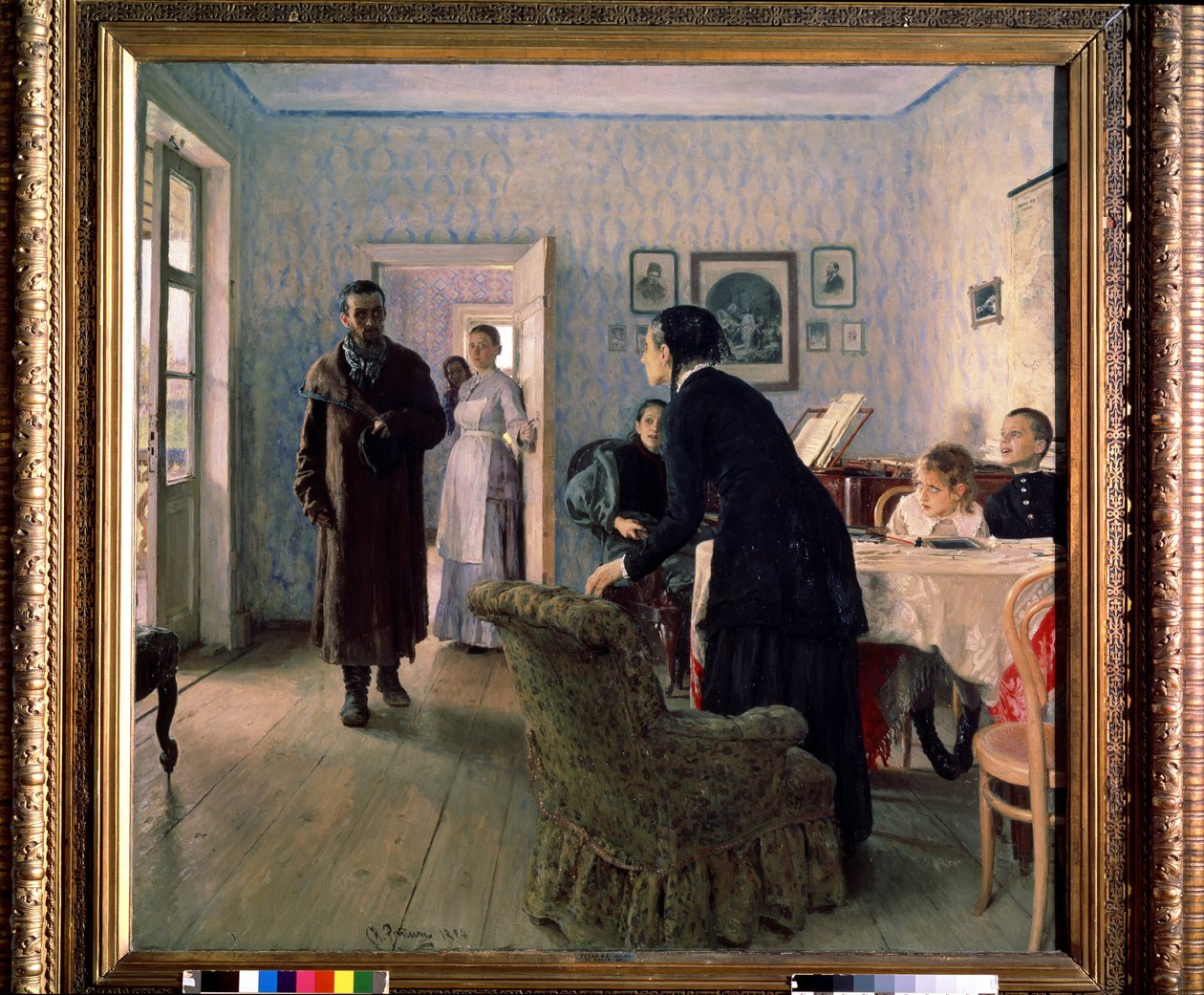 ""O Retorno Inesperado"" (Retorno Inesperado) O retorno inesperado do exílio político na época dos movimentos niilistas da década de 1880. Pintura de Ilya Yefimovich Repin (Ilia Repin) (1844-1930) 1884-1888 Dom. 160 .5 x 167,5 cm Galeria Estatal de Tretyak de Ilya Efimovich Repin
