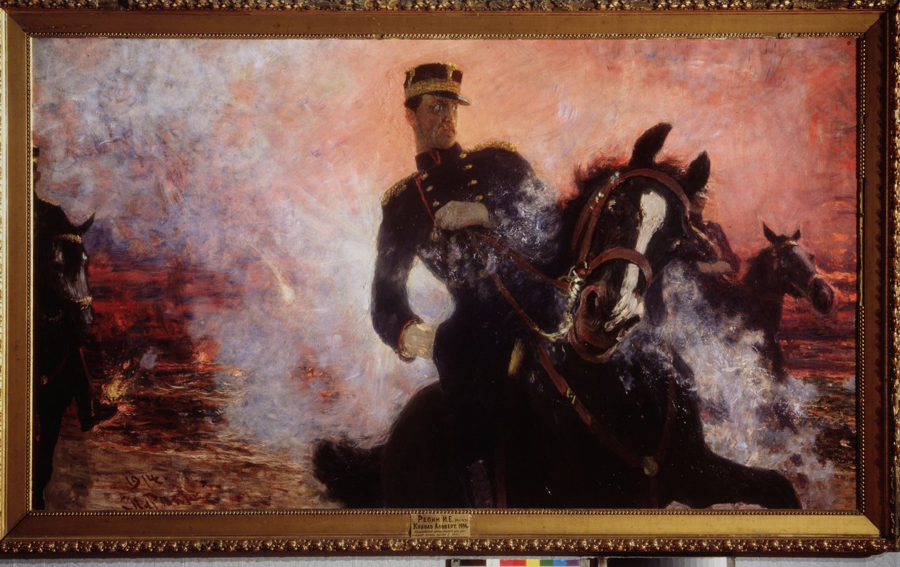 Rei Albert I da Bélgica (1875-1934) durante a explosão da barragem em 1914. Pintura de Ilya Yefimovich Repin (Ilia Repin) (1844-1930), óleo sobre tela de Ilya Efimovich Repin
