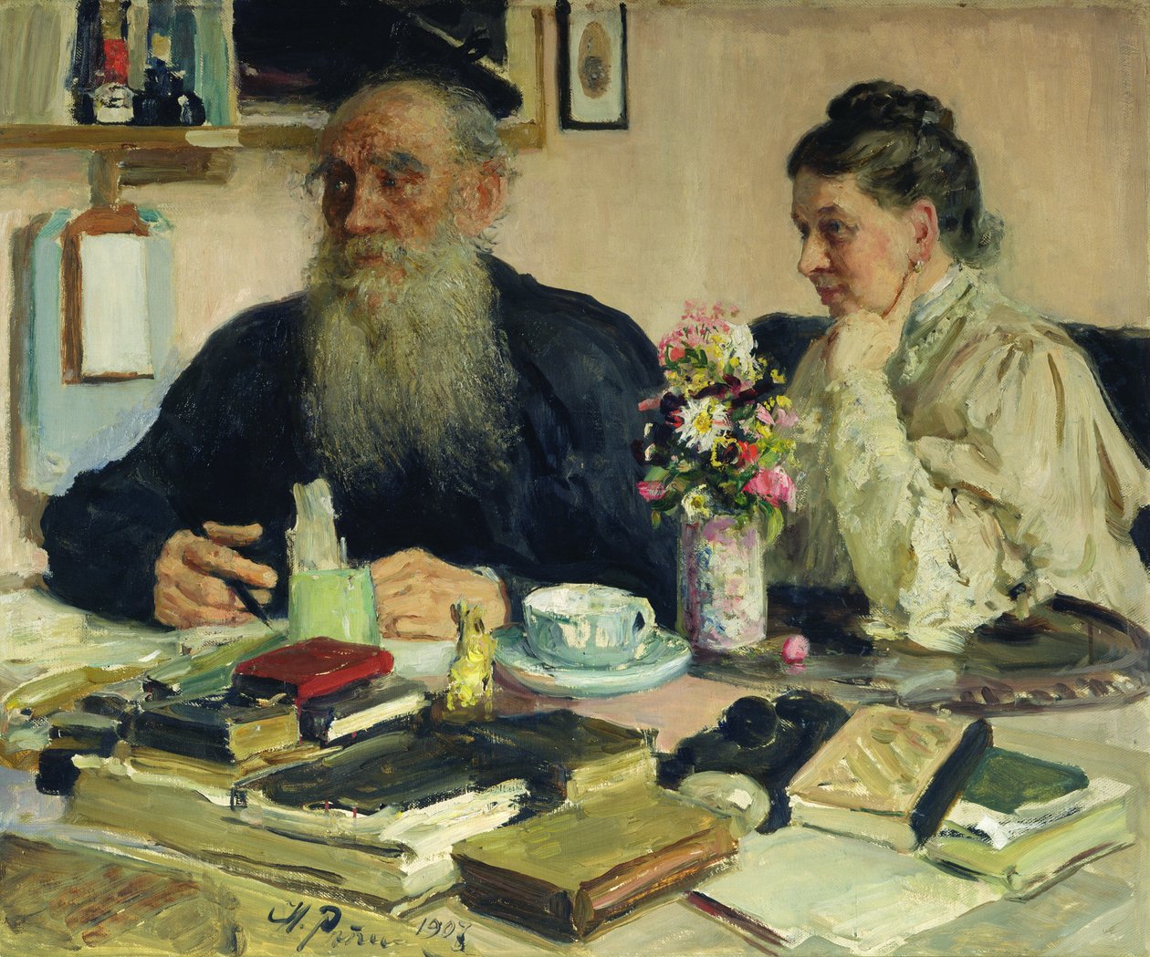 Leo Tolstoy com sua esposa em Yasnaya Polyana, 1907 de Ilya Efimovich Repin