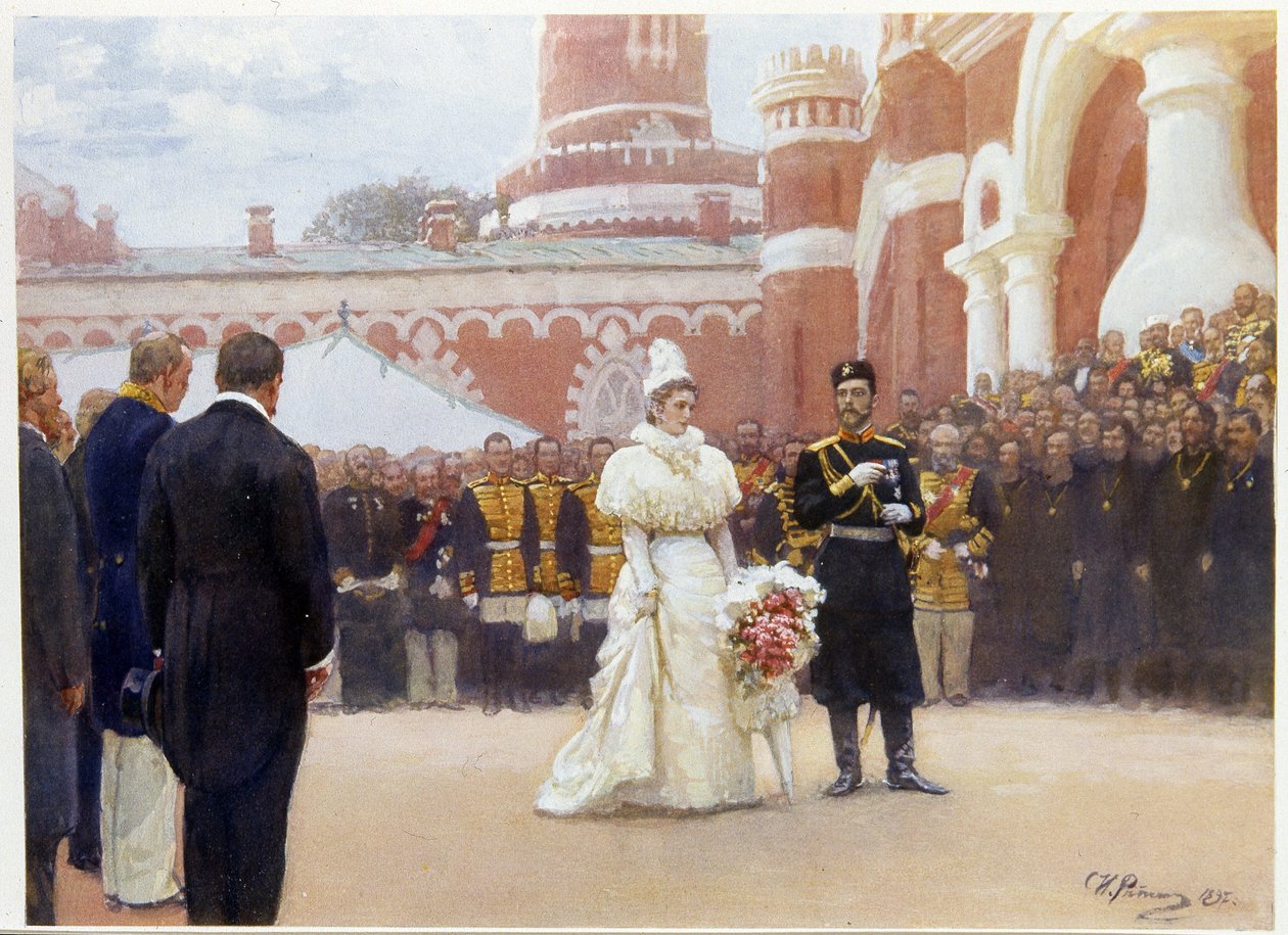 Nicholas II (1868-1918) e a sua esposa, Alexandra Fedorovna (ou Alexandra Feodorovna) (1872-1918), recebendo os Anciãos do Distrito Rural em 18 de Maio de 1896, no pátio do Palácio Petrovsky em Moscovo (Nicholas II recebendo os Anciãos do Distrito Rural em de Ilya Efimovich Repin