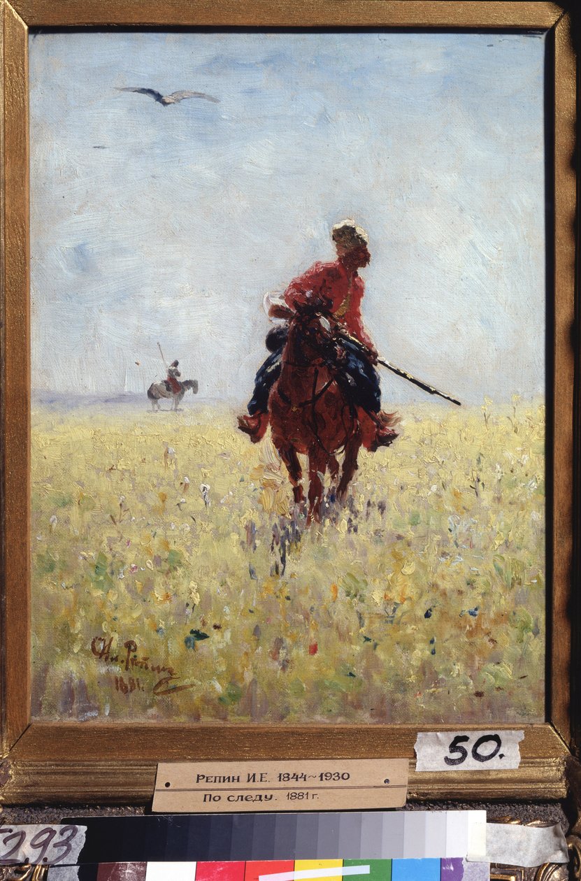 Curso de reconhecimento. (Cavaleiro cossaco Zaporogue sob observação em uma planície florida). Pintura de Ilya Yefimovich Repin (Ilia Repin) (1844-1930), óleo sobre tela de Ilya Efimovich Repin