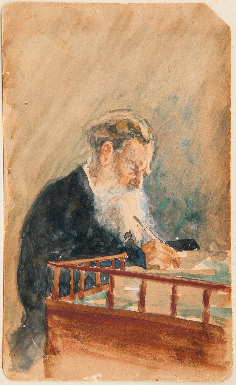 Retrato do autor Leo N Tolstoy (Retrato do autor Leo N Tolstoy) - Obra de Ilya Yefimovich Repin (Ilia Repin) (1844-1930), aquarela sobre papel (16x10 cm), cerca de 1900, arte russa , século XX - Privado coleção de Ilya Efimovich Repin