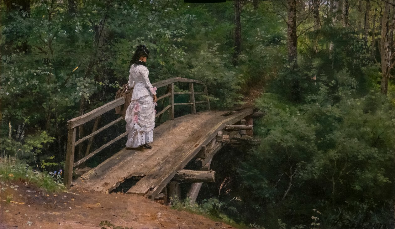 PAISAGEM DO VERÃO. VERA REPINE EM UMA PEQUENA PONTE EM ABRAMTSEVO de Ilya Efimovich Repin