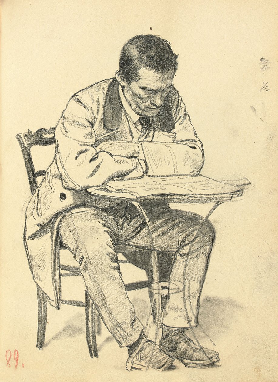 Estudo para "Um café parisiense": homem sentado em uma mesa de café, lendo um jornal, c. 1872-1875 de Ilya Efimovich Repin