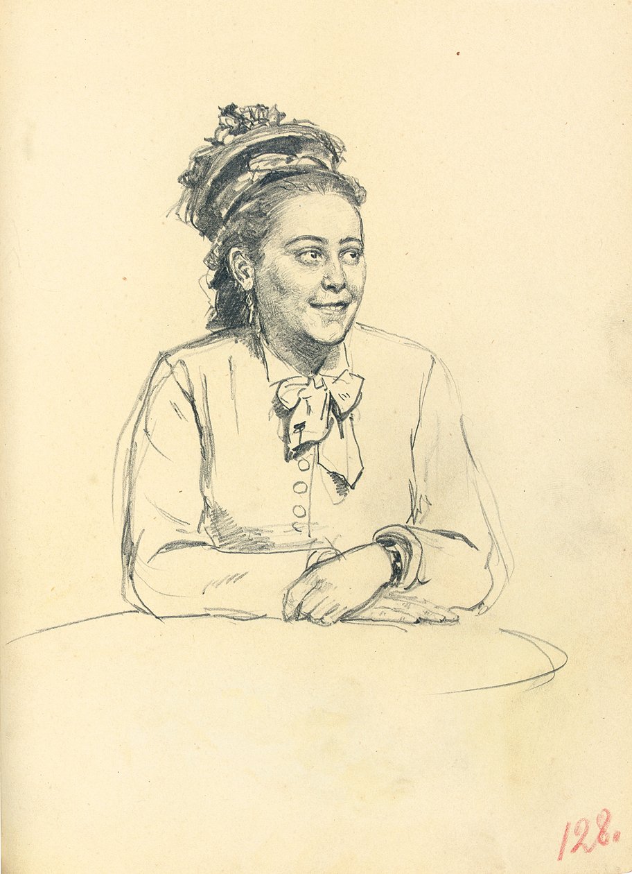 Estudo para "Um café parisiense": mulher sentada com arco e mãos cruzadas, c. 1872-1875 de Ilya Efimovich Repin