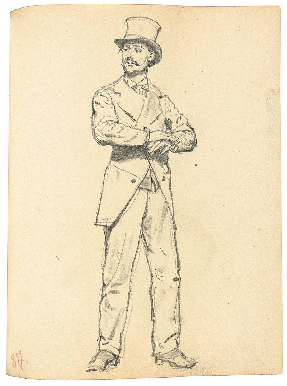 Estudo para "Um café parisiense": homem de pé com um chapéu, pernas afastadas, c. 1872-1875 de Ilya Efimovich Repin
