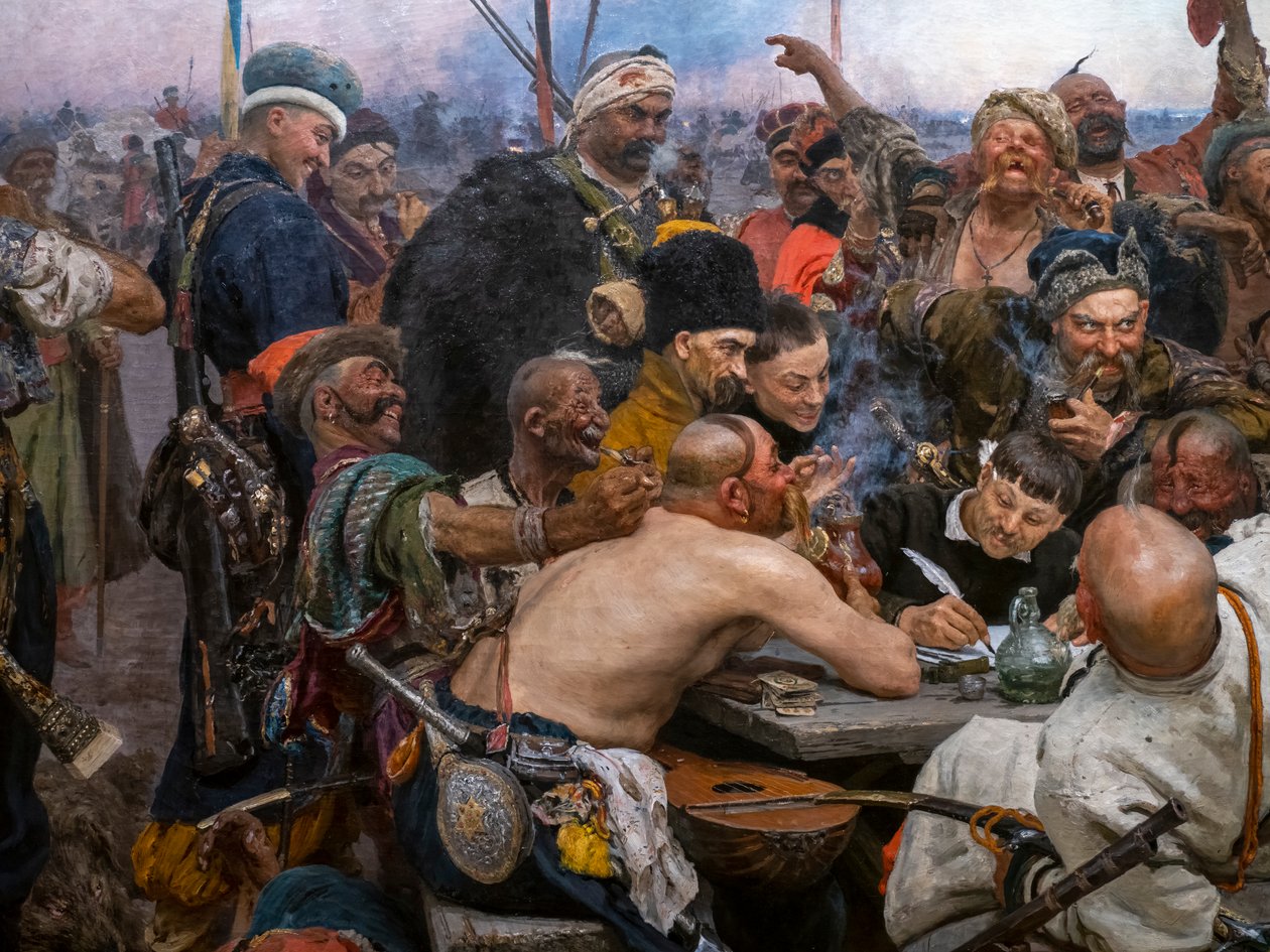 OS COSSACOS ZAPOROGUES ESCREVENDO UMA CARTA AO SULTÃO DO PERU de Ilya Efimovich Repin