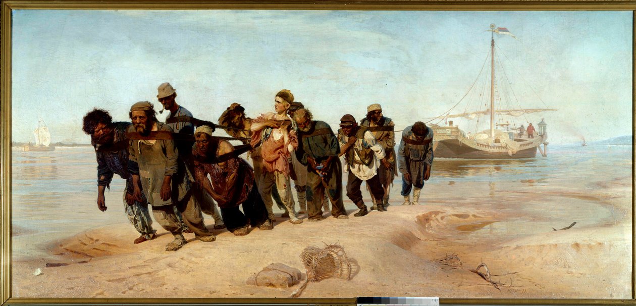 Os Barqueiros do Volga Um grupo de homens (transportadores) extrai um barco da água na Rússia - Pintura por Ilia (Ilya) Repine (1844-1930), óleo sobre tela de Ilya Efimovich Repin
