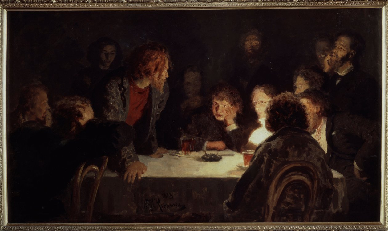 Uma reunião revolucionária. Pintura por Ilya Repin (Ilia Repine) (1844-1930), óleo sobre tela de Ilya Efimovich Repin