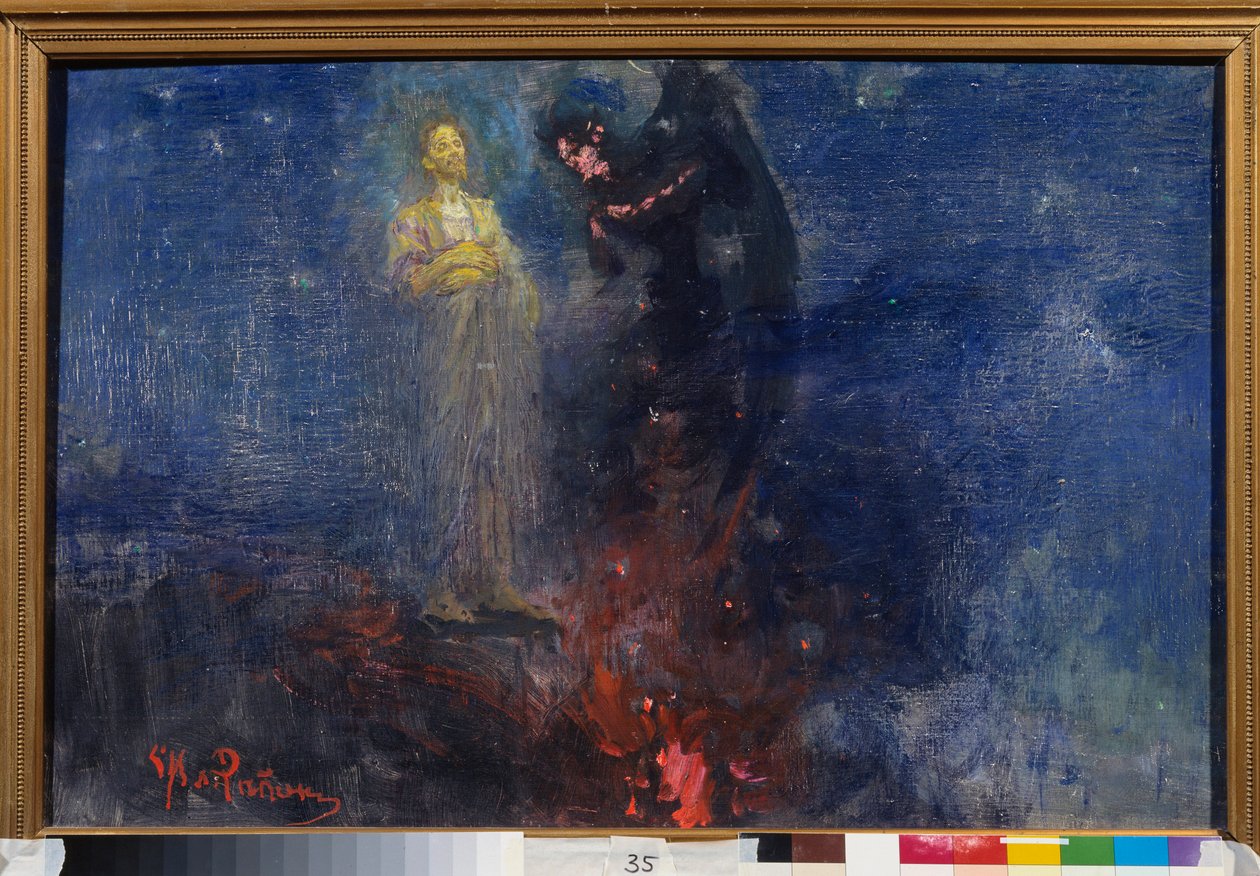 Apanha-te, pois, Satanás! (Apanha-te, pois, Satanás!). (Jesus Cristo repele o diabo, numa paisagem nocturna). Pintura por Ilya Repin (Ilia Repine) (1844-1930), óleo sobre tela, depois de 1850. Arte russa de Ilya Efimovich Repin