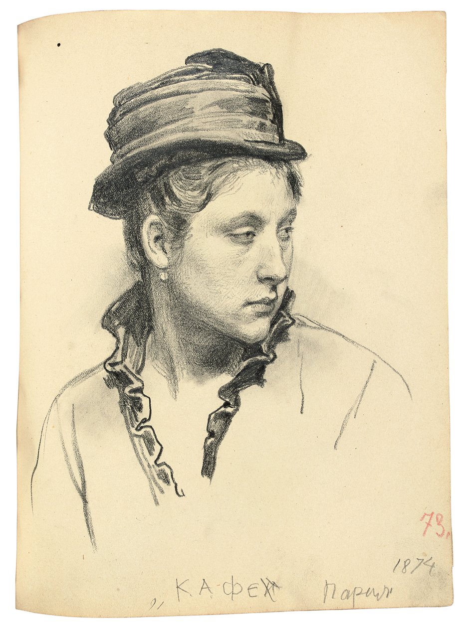 Mulher com chapéu, cabeça virada para o lado, 1874 de Ilya Efimovich Repin