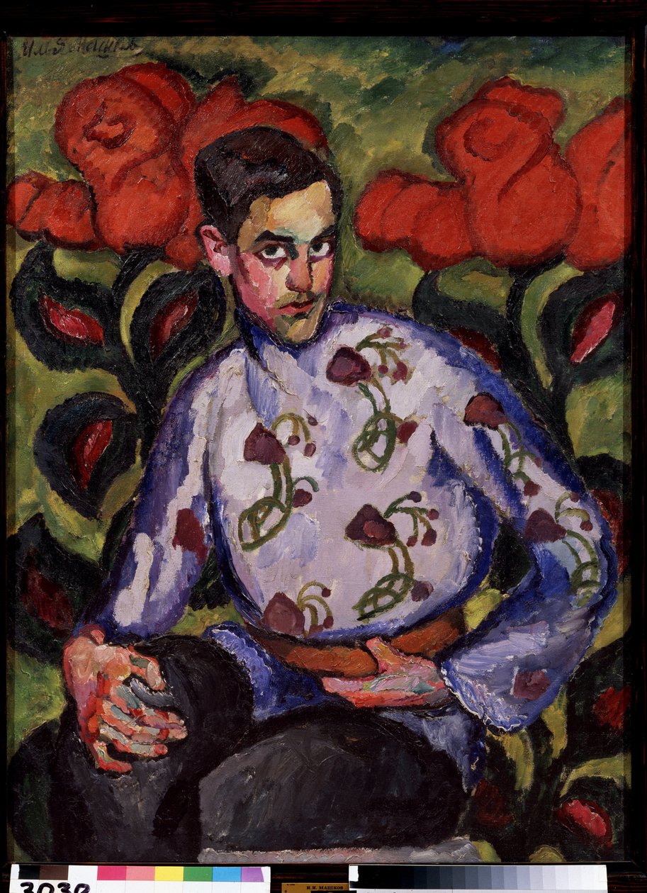 Retrato de um rapaz com uma camisa com flores. Pintura de Ilya Ivanovich Mashkov (Ilia Machkov, Matchkov) (1881-1944), óleo sobre tela de Ilya Ivanovich Mashkov