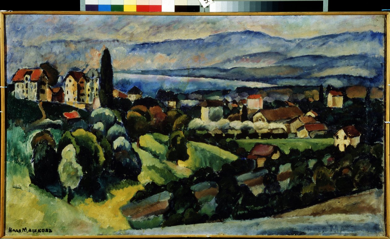 Vista da Cidade de Nervi (Itália). Descrição da paisagem e da pequena cidade na costa da Riviera italiana, perto de Génova, no Verão. Pintura de Ilya Ivanovich Mashkov (Ilia Machkov, Matchkov) (1881-1944), óleo sobre tela. de Ilya Ivanovich Mashkov