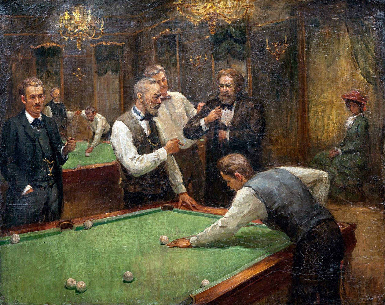 Billiard Players par Galkin, Ilya Savvich (Ilia Sawic Galkin) (1860-1915), - Óleo sobre tela, 61x76,5 - Colecção Privada de Ilya Savich Galkin