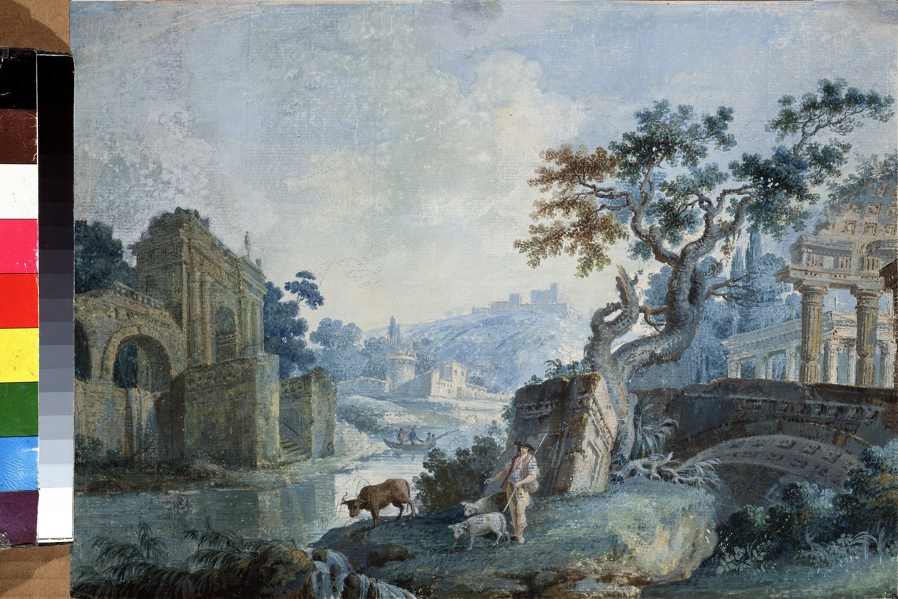 Paisagem Italiana. Um pastor leva o seu gado a beber do rio, eles estão rodeados de ruínas. No fundo, um barco transporta passageiros de um banco para o outro e as fortificações fecham o horizonte. Pintura de Ilya Vasilyevich de Ilya Vasilyevich Neyelov