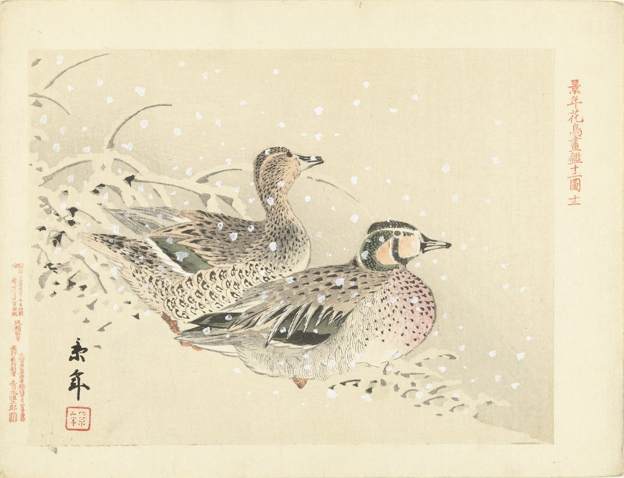 Casal de patos na neve Esboços de flores e pássaros por Keinen (título da série) Keinen kacho gafu (título da série no objeto) de Imao Keinen