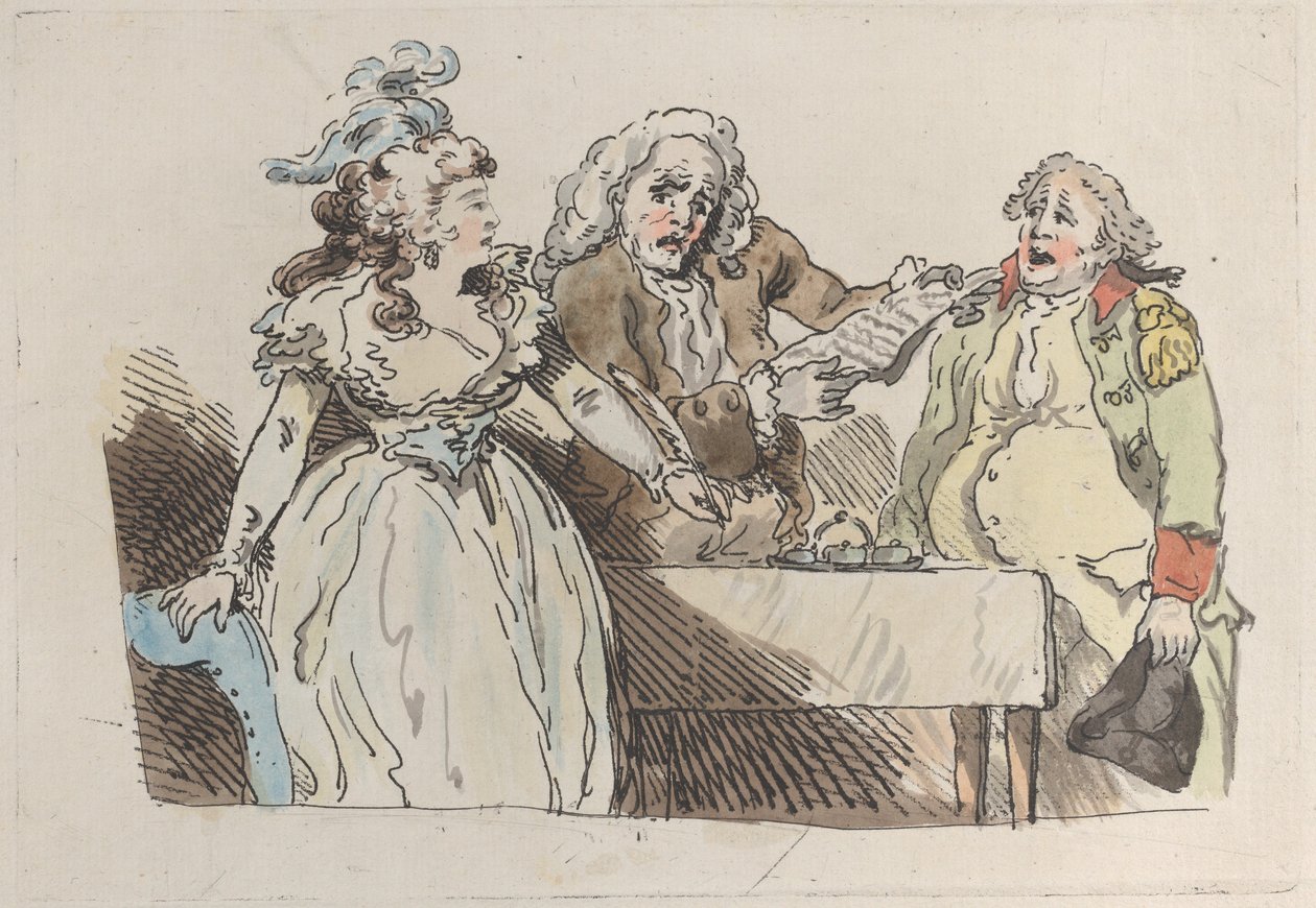 Uma jovem herdeira se prepara para assinar um documento, 1780-1800., 1780-1800. de Imitator of Thomas Rowlandson.
