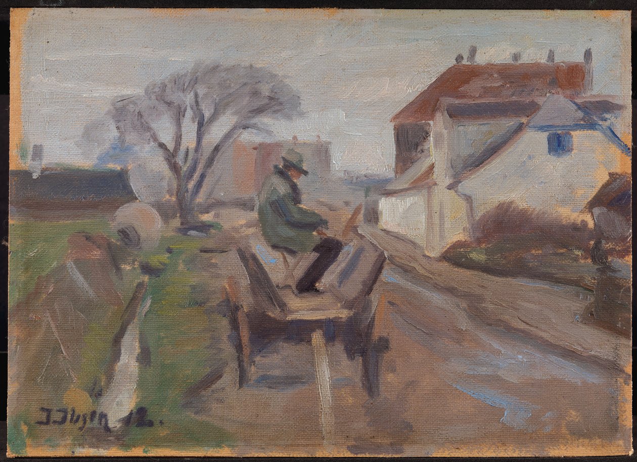 O pintor Ølund Hansen sentado em uma pintura de carroça de Immanuel Ibsen