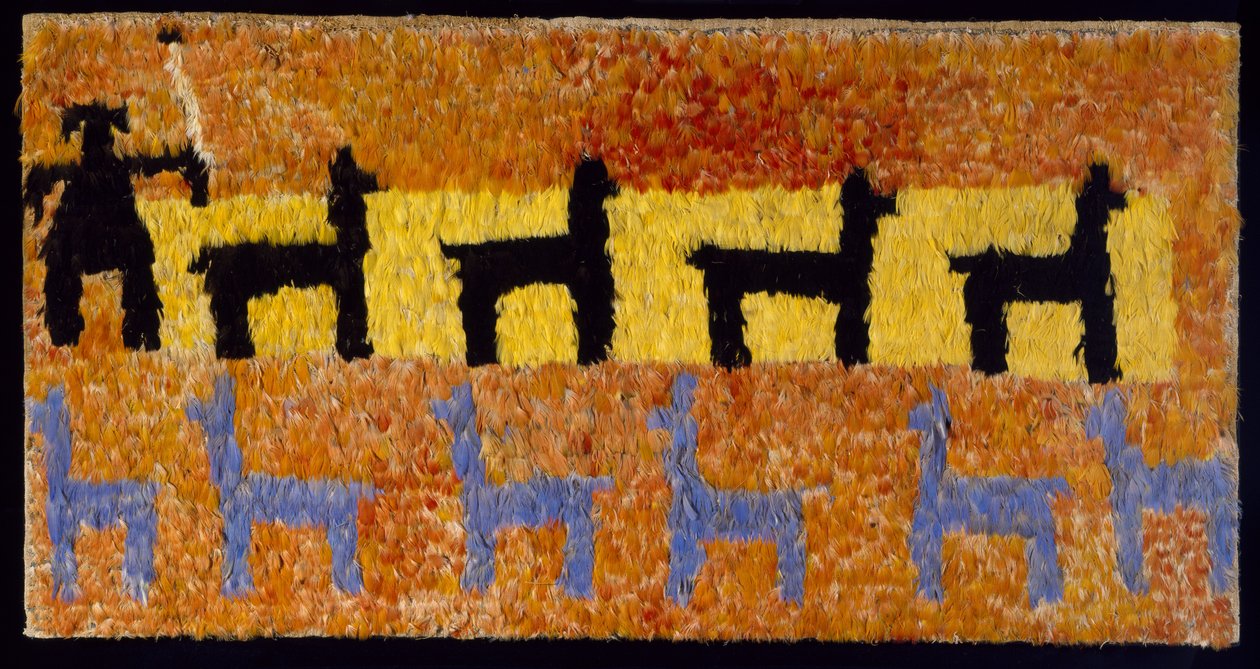 Painel de penas com lhamas e pastor de lhamas, 1450-1534 AD (algodão e penas) de Incan