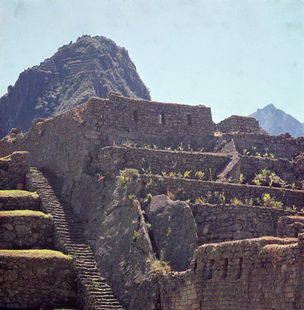 Ruínas de edifícios de terraço da cidadela em Machu Picchu de Incan