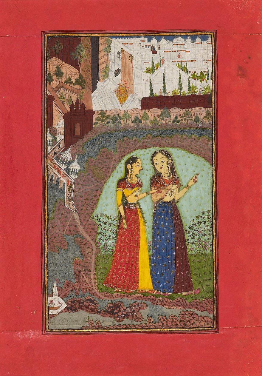Duas senhoras em uma paisagem com palácio, c1725 de Incha Ram