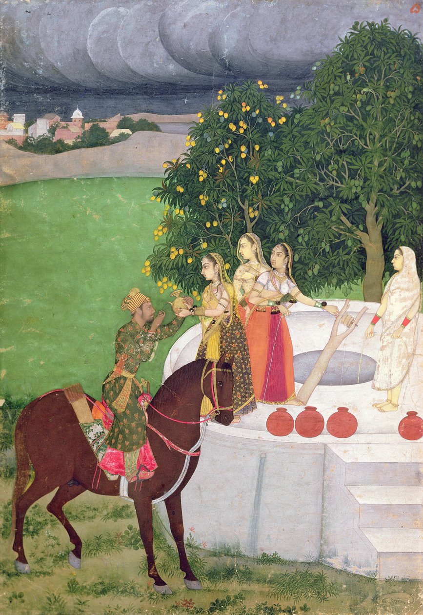 Um príncipe implorando água de mulheres em um poço, Mughal, c.1720 de Indian School