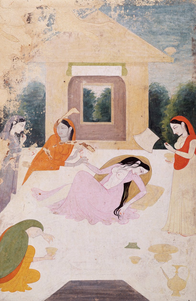 Uma senhora em um terraço, perturbada com o desejo insatisfeito de seu amante, seus assistentes não podem fazer nada para consolá-la, Guler, Pahari School, c.1810 de Indian School