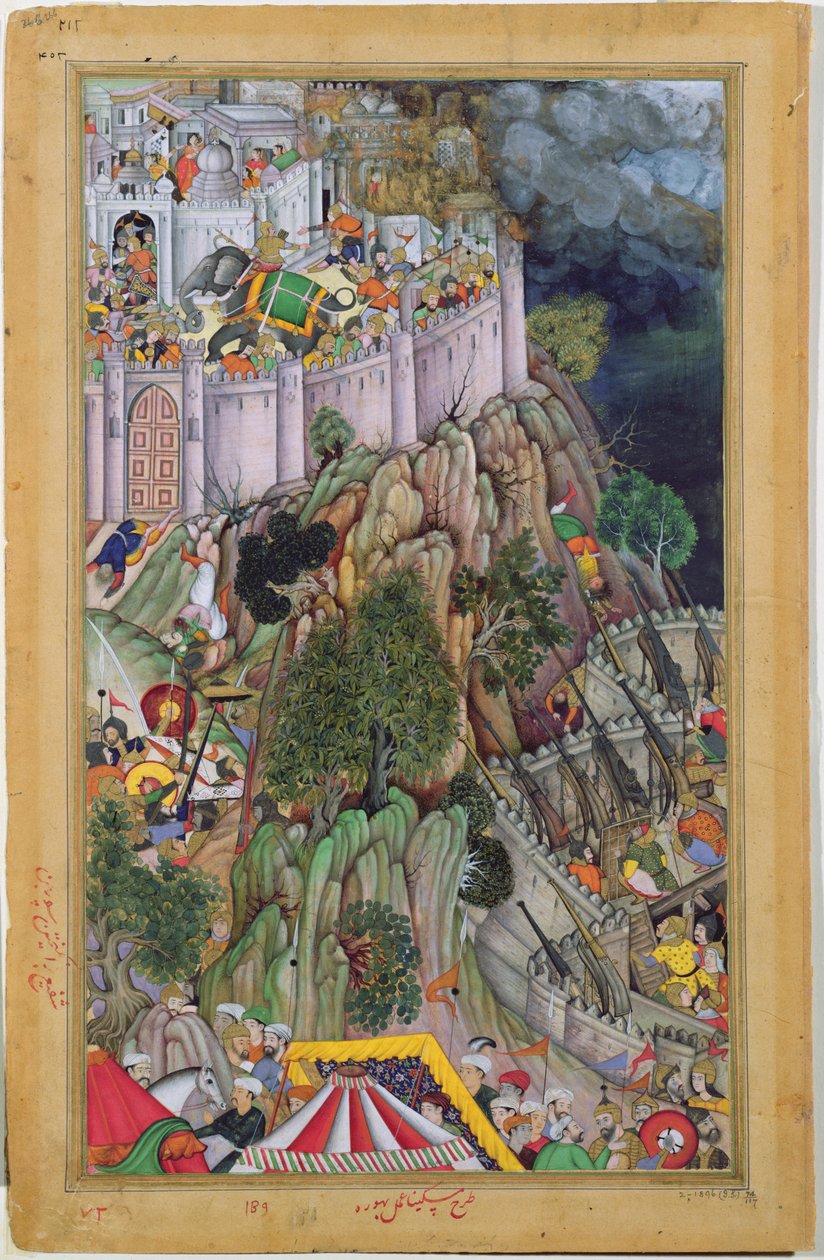 As forças de Akbar cercam Rai Surjan Hadas forte de Ranthambhor em Rajasthan, em 1569, do Akbarnama, Mughal, c.1590-95 (wc opaca e ouro sobre papel) de Indian School