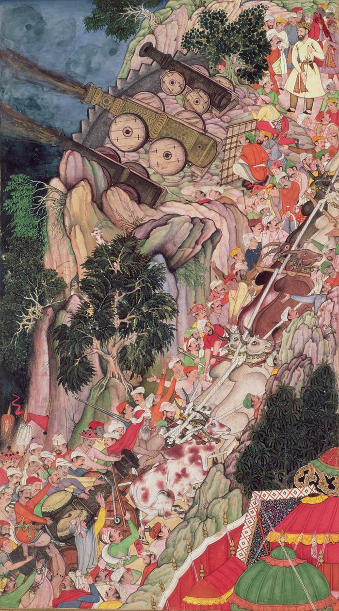 Bois arrastando armas de cerco para cima durante um ataque ao Forte Ranthambhor, do Akbarnama, Mughal, c.1590-95 (wc opaca e ouro sobre papel) de Indian School