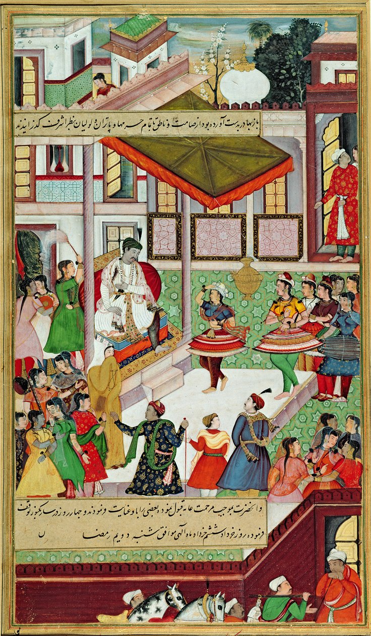 Meninas dançantes tiradas do palácio de Baz Bahadur em Malwa, apresentando uma dança Kathak antes de Akbar, do &39;Akbarnama&39;, Mughal, 1561 de Indian School