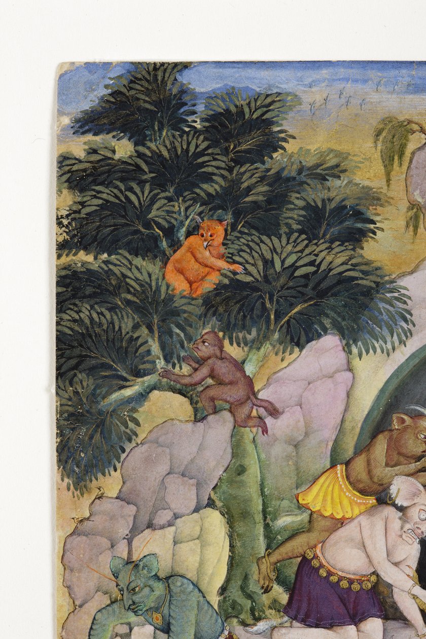 Detalhe de demônios em uma paisagem selvagem, c.1600 (wc opaco e ouro no papel) de Indian School
