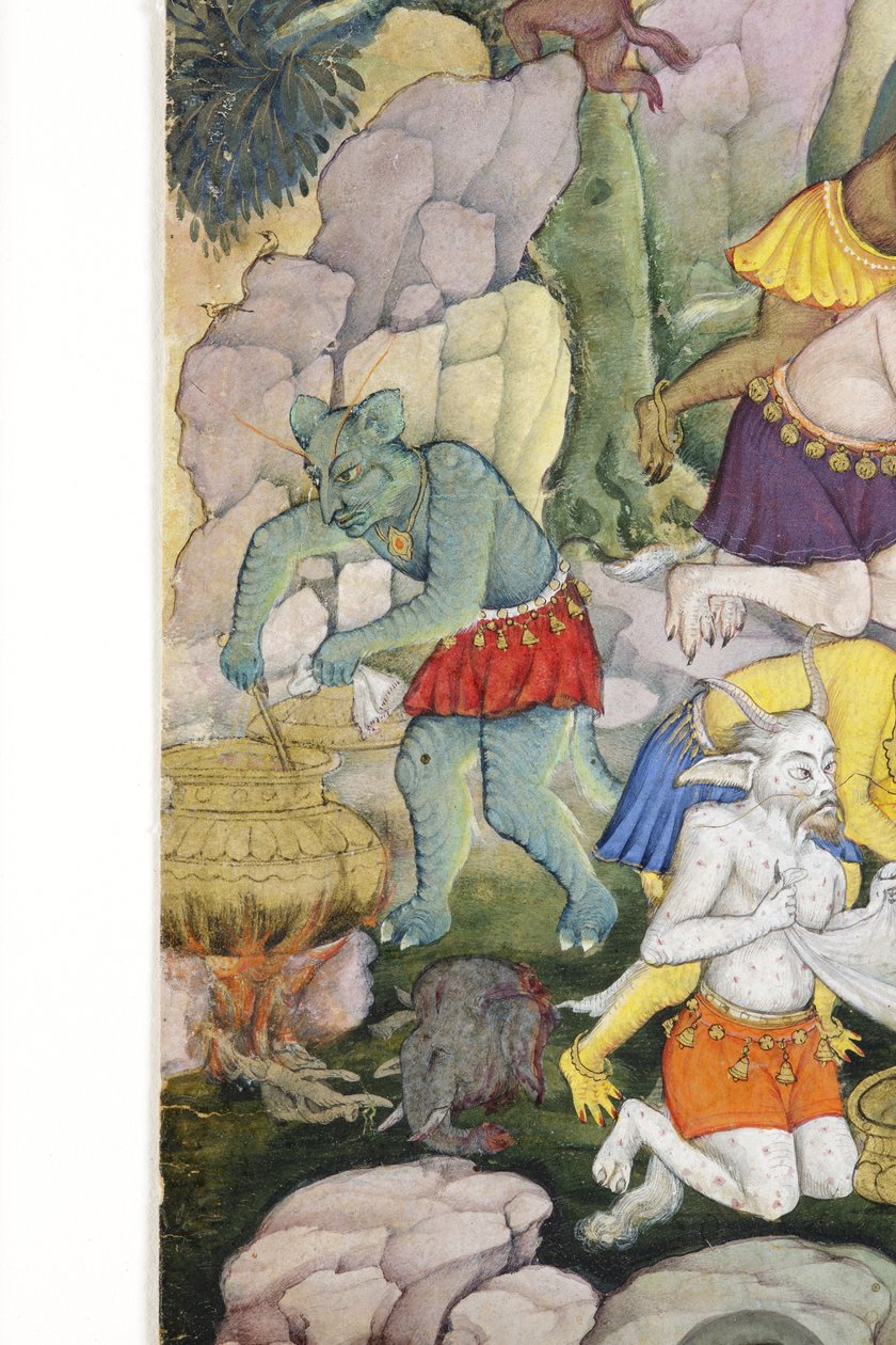 Detalhe de demônios em uma paisagem selvagem, c.1600 (wc opaco e ouro no papel) de Indian School