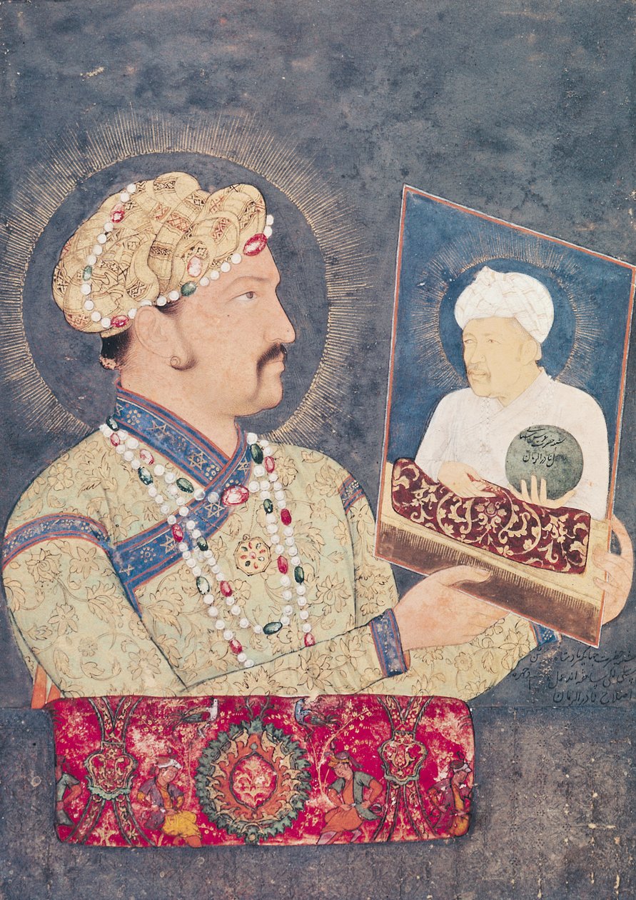 Imperador Jahangir (1569-1627) segurando um retrato do imperador Akbar (1542-1605) de Indian School