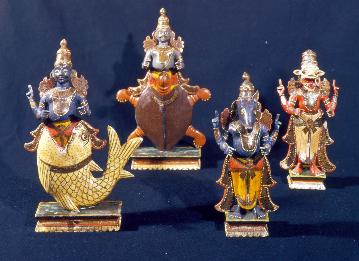 Quatro das encarnações de Vishnu (madeira pintada) de Indian School