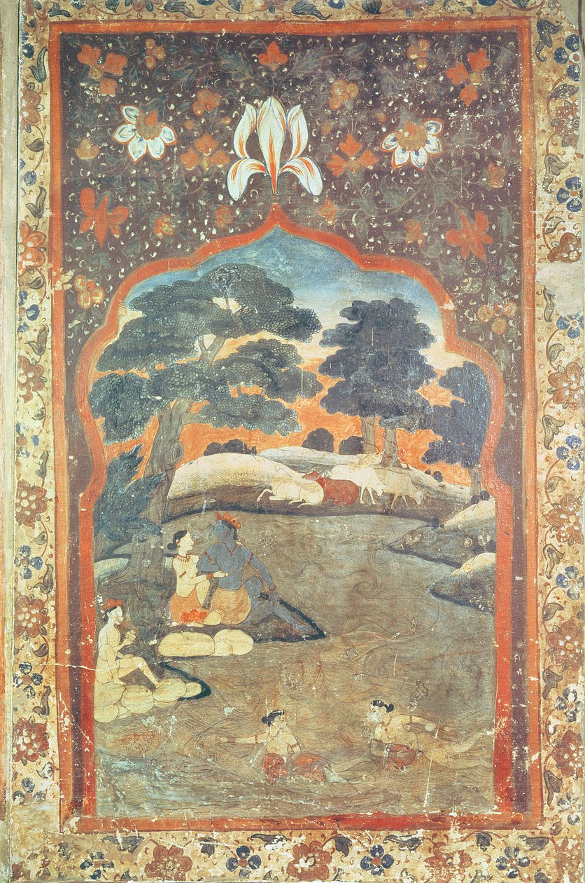 Krishna e Radha ao lado de um rio, escola de Pahari de Indian School