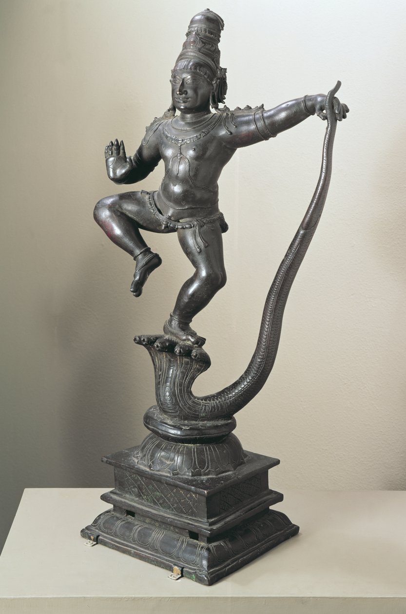 Krishna como um menino subjugando a serpente Kalilya, Madras, do século 16 ao 17 (bronze) de Indian School