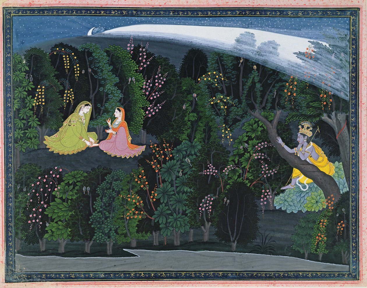 Krishna olha com saudade para Radha, ilustração da série Govinda Lumbagraon Gita, c.1820-25 (wc opaca e ouro sobre papel) de Indian School