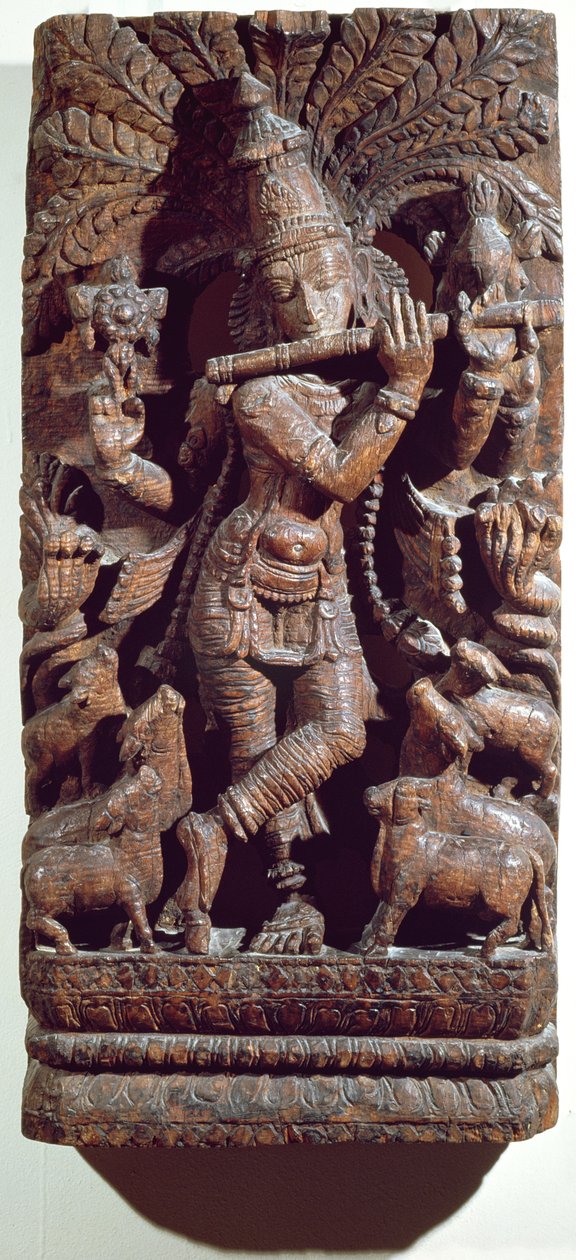 Krishna tocando uma flauta (madeira) de Indian School