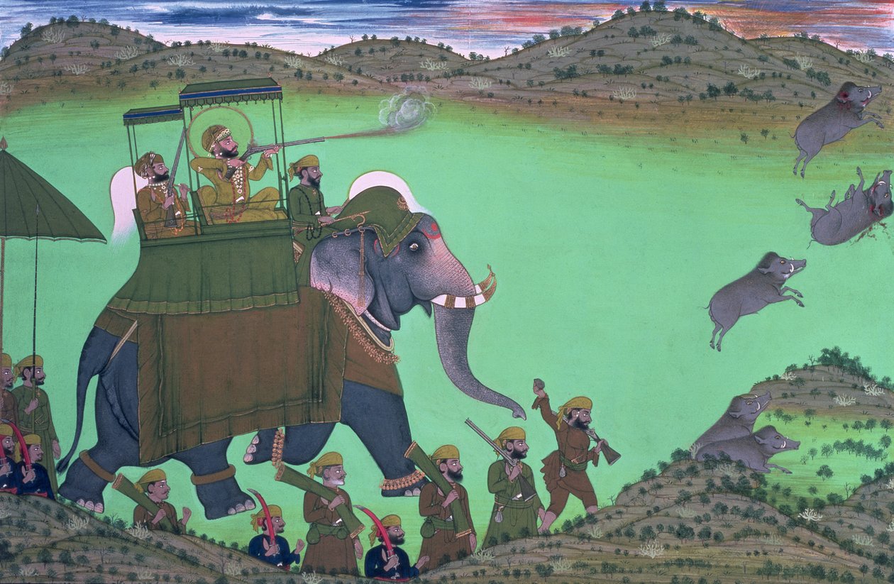 Maharana Sarup Singh de Udaipur atira de elefante-costas, Rajasthan, 1855 de Indian School