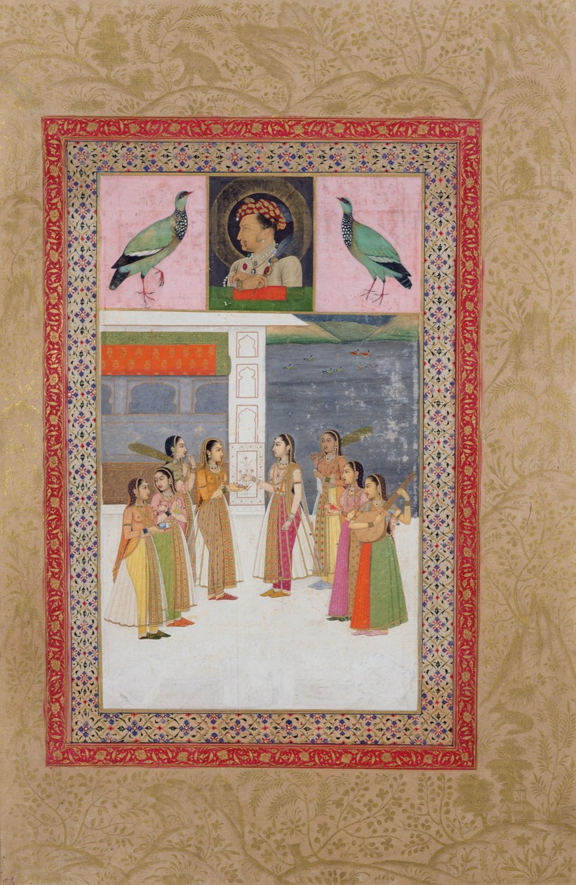Ms E-14 Retrato de Djahangir (1569-1627) dois pássaros e mulheres nobres em conversa de Indian School